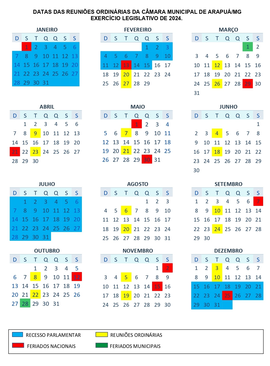 Calendário 2024 - Data das Reuniões 