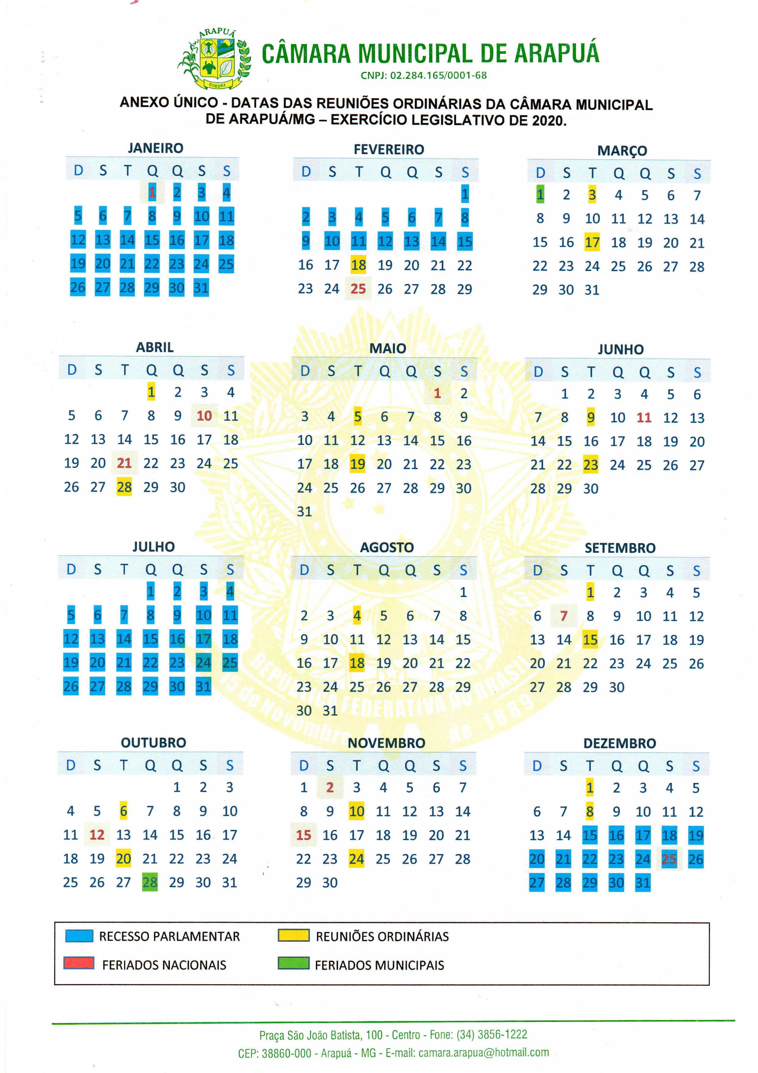 Calendário das Reuniões Ordinárias de 2020