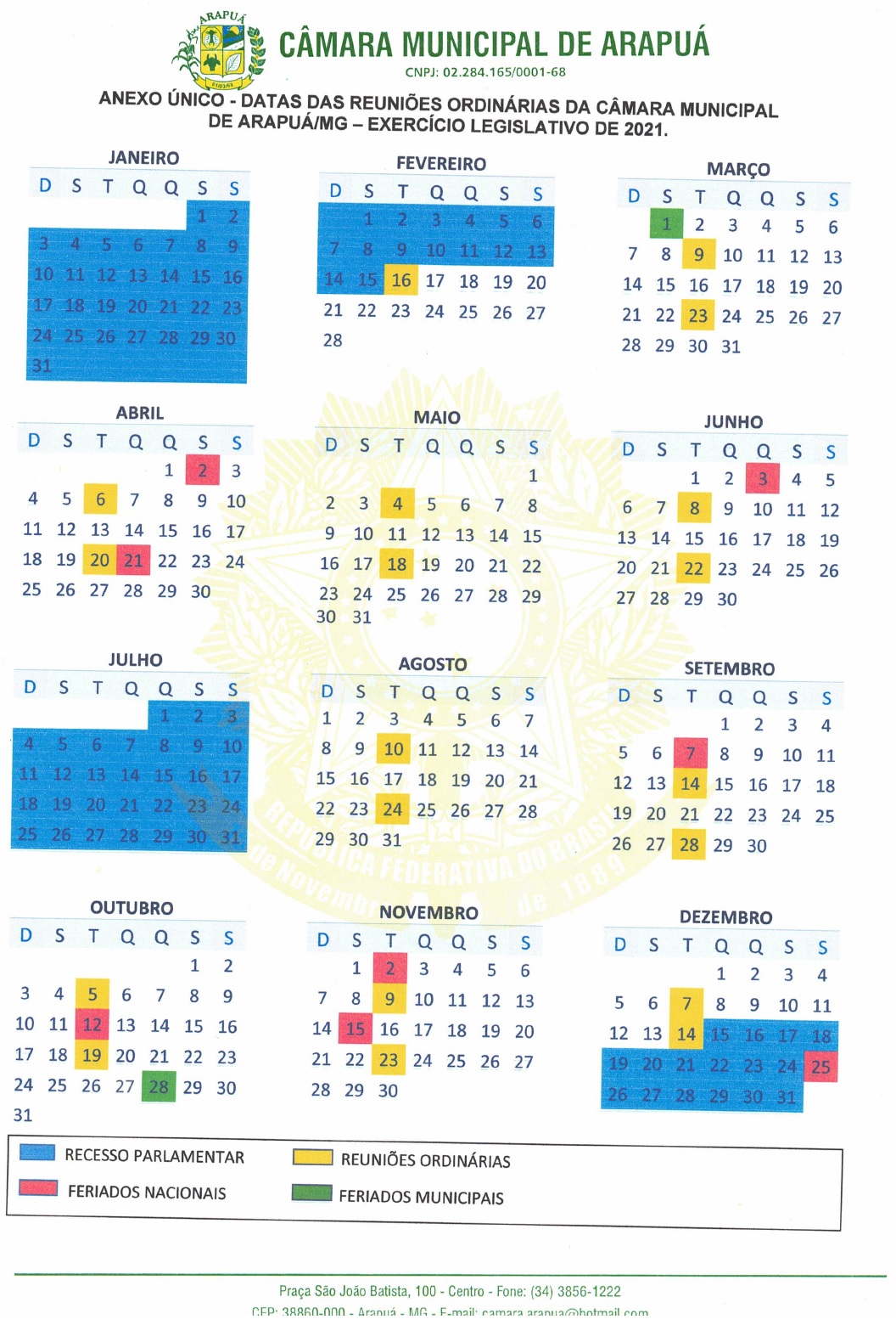 CALENDÁRIO - DATAS DAS REUNIÕES ORDINÁRIAS DE 2021 